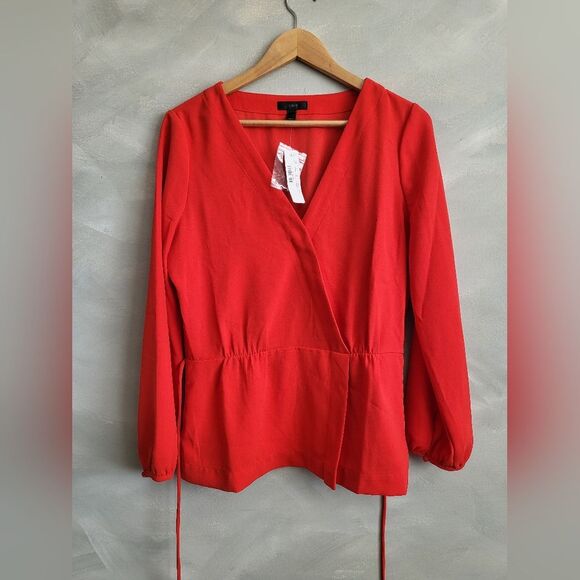 J.Crew Drapey Faux Wrap Top Red NWT Sz 10 Tall Tie Waist - Picture 4 of 14